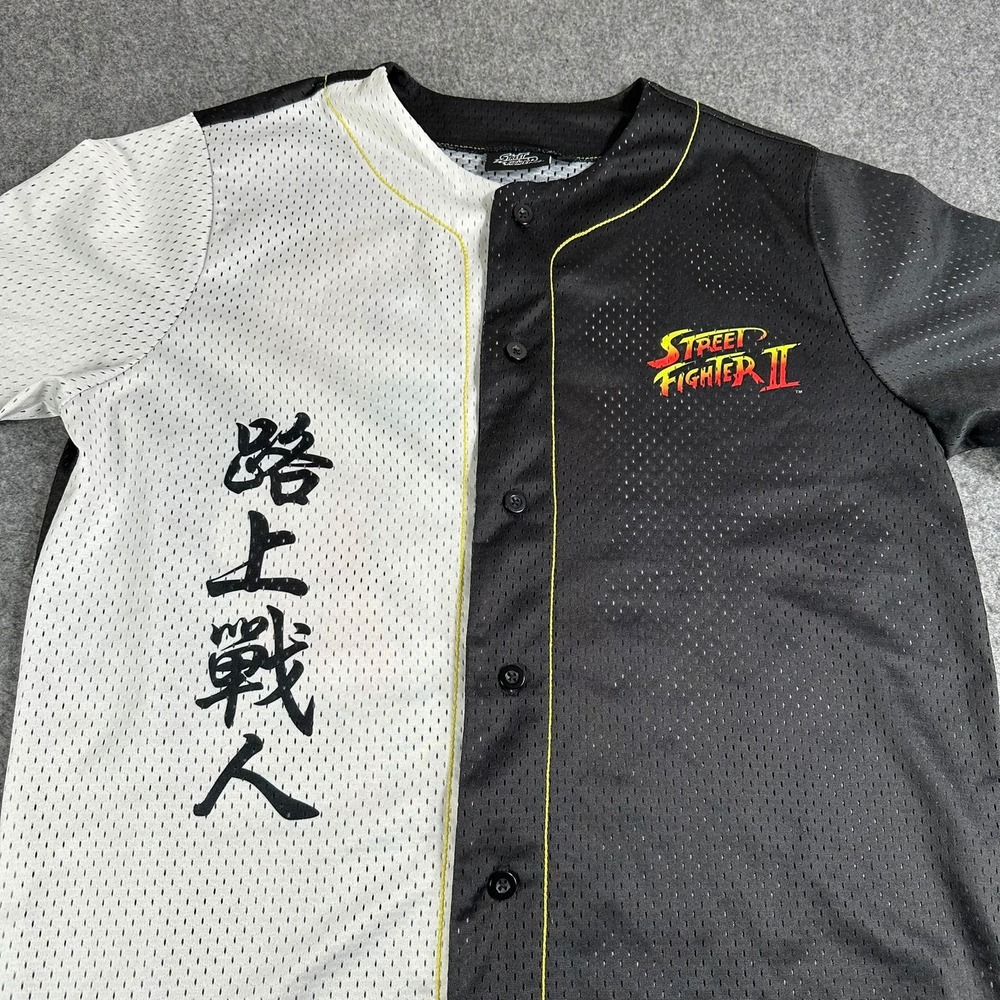 Street Fighter II Mens Baseball Jersey Black White Split Kanji Graphic Shirt M - Picture 7 of 14
